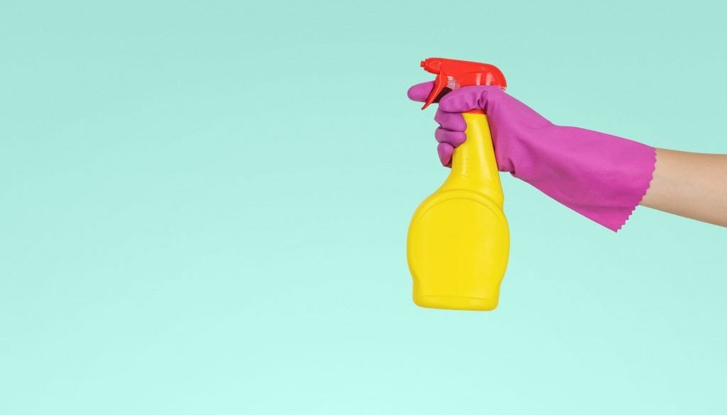 Spray cleaner held by person wearing rubber glove